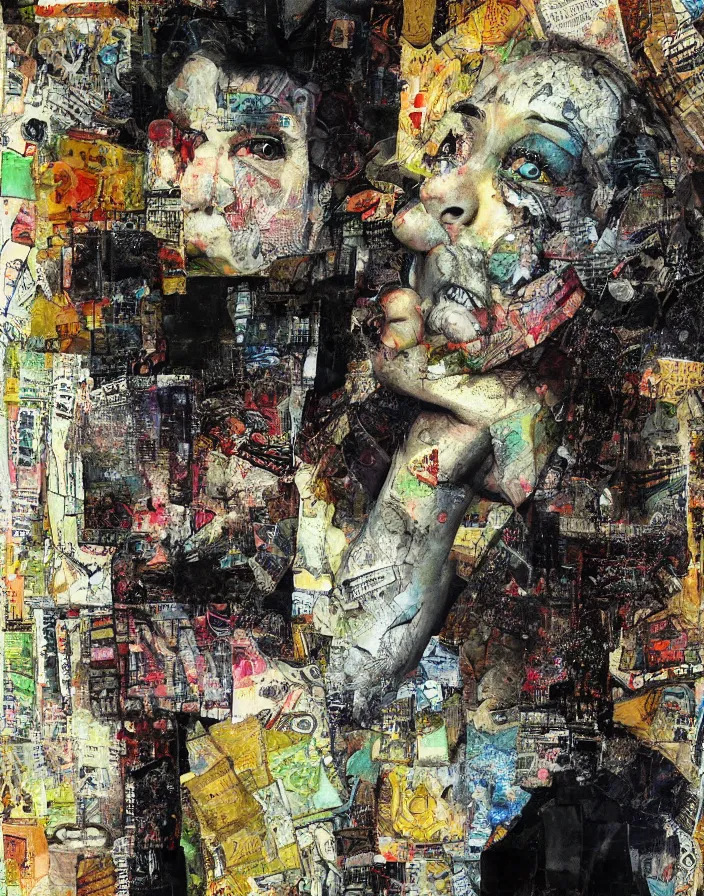 Image similar to distortion of reality detailed mixed media collage with canvas texture, conteporary art, punk art, realistic face, photorealistic, expressionism, masterpiece, perfect composition, spectacular quality, intricate oil details