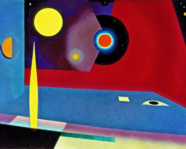 Prompt: a Kandinsky painting of 2001 a Space Odyssey by Stanley Kubrick