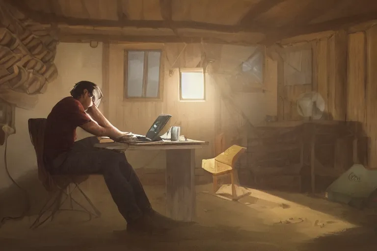 Prompt: A man in a hut in the middle of nowhere hand-cranking a generator while watching videos on his laptop, Charlie Bowater