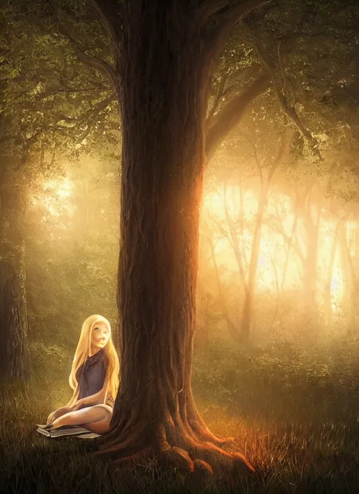 Image similar to portrait, blond girl sits in mystical misty forest, reading under a tree, fireflies, dramatic lighting, cinematic, establishing shot, extremly high detail, foto realistic, cinematic lighting, post processed, concept art, artstation, matte painting, style by eddie mendoza, raphael lacoste, alex ross