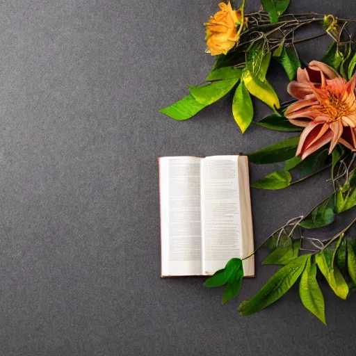 Image similar to high quality studio photography of Bible with a tree of beautiful leaves and flowers growing out of it, tree of life, solid background