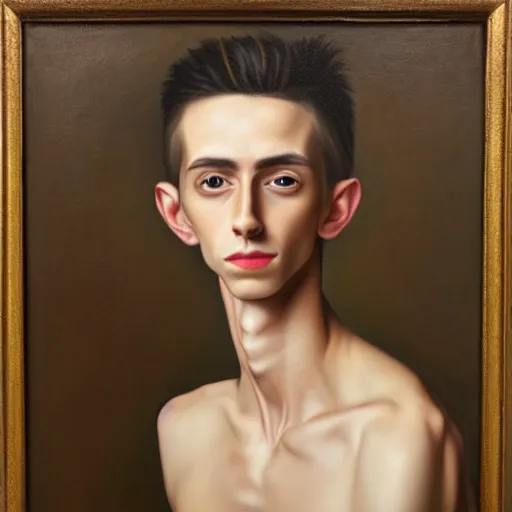 Prompt: A portrait of a scrawny stylish and alluring non-binary person, oil painting, majestic, detailed, high resolution