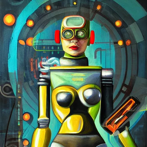 Image similar to robot woman, painting, detailed, dystopic