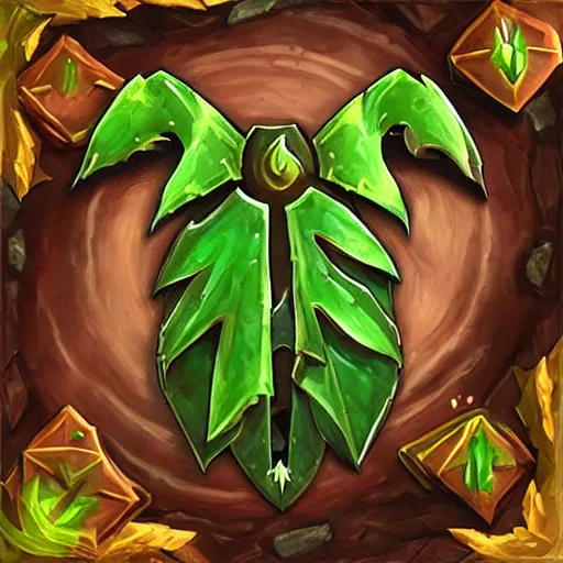 Prompt: green leaves shield weapon, tree roots on the shield weapon, shield made of leaves, epic fantasy style, hearthstone style, weapon art