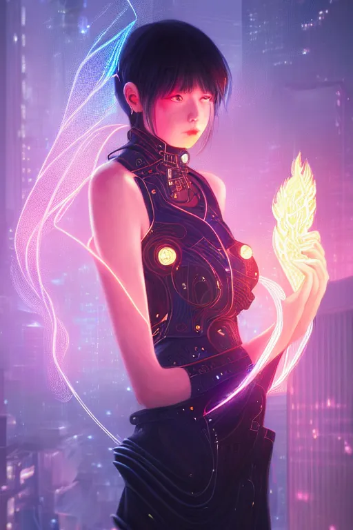 Image similar to portrait futuristic wizard Girl with fire and sparkles, in future cyberpunk tokyo rooftop , ssci-fi, fantasy, intricate, very very beautiful, elegant, human anatomy, human structure, neon light, highly detailed, digital painting, artstation, concept art, smooth, sharp focus, illustration, art by tian zi and WLOP and alphonse mucha