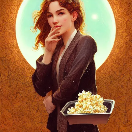 Image similar to Portrait of a box of popcorn, moon in the background, intricate, elegant, highly detailed, digital painting, artstation, concept art, smooth, sharp focus, illustration, art by artgerm and greg rutkowski and alphonse mucha