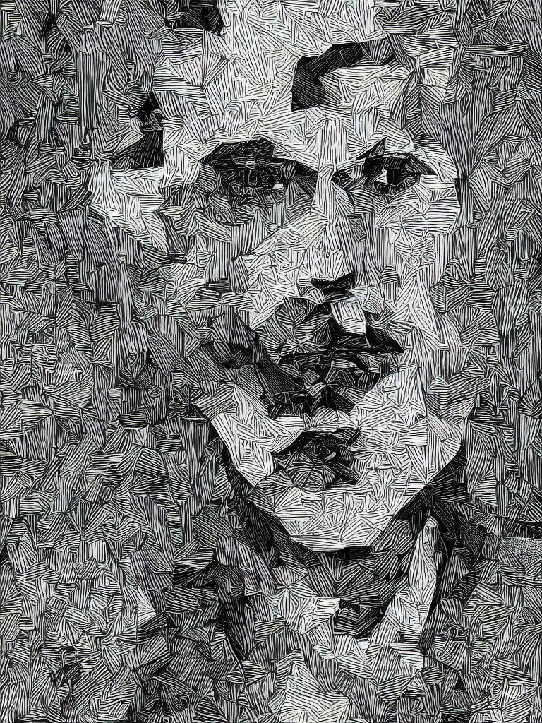Prompt: a portrait of a man, ink, acrylic paint, glitch art, screen print, black and white, high contrast, sad, random geometric glitchy lines