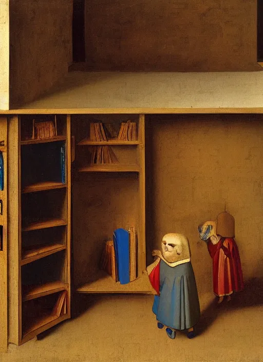 Image similar to bookshelf with books and children toys, medieval painting by jan van eyck, johannes vermeer, florence