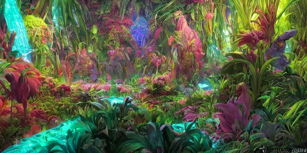 Image similar to Beautiful futuristic crystal sculpture in jungle with big wild flowers, soft neon lights, bright colors, cinematic, smooth, chrome, dramatic, fantasy, by Moebius, by Zdzisław Beksiński, high contrast, epic composition, sci-fi, dreamlike, surreal, angelic, 8k, unreal engine, hyper realistic, fantasy concept art, XF IQ4, 150MP, 50mm, F1.4, ISO 200, 1/160s, natural light, Adobe Lightroom, photolab, Affinity Photo, PhotoDirector 365