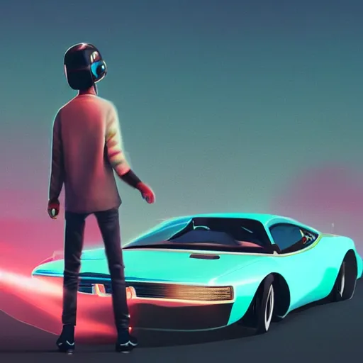 Image similar to a man holding a skateboard standing in front of a car, concept art by beeple, featured on cgsociety, retrofuturism, retrowave, synthwave, outrun