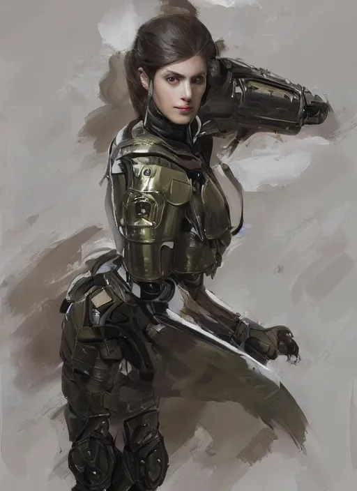 Image similar to a professional painting of a beautiful young female, clothed in military armor, olive skin, long dark hair, beautiful bone structure, symmetrical facial features, intricate, elegant, digital painting, concept art, smooth, sharp focus, illustration, from Metal Gear, by Ruan Jia and Mandy Jurgens and Artgerm and William-Adolphe Bouguerea