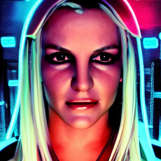 Prompt: britney spears portrait, Cyberpunk 2077, ultra photorealistic, cybernetic body parts, neon, octane, bokeh, 8k