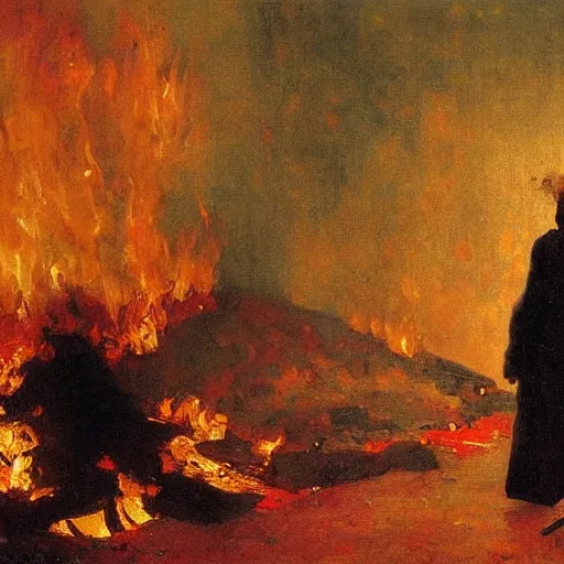 Image similar to high quality high detail painting by ilya repin, man standing in front of huge fire, hd