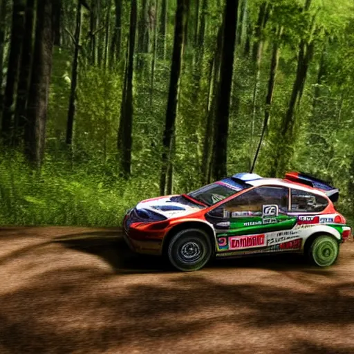 Prompt: 3 rally cars racing through a forest with a river behind them, sun shining through the trees, motion blur high detail ultra realistic 8k,-W 1024