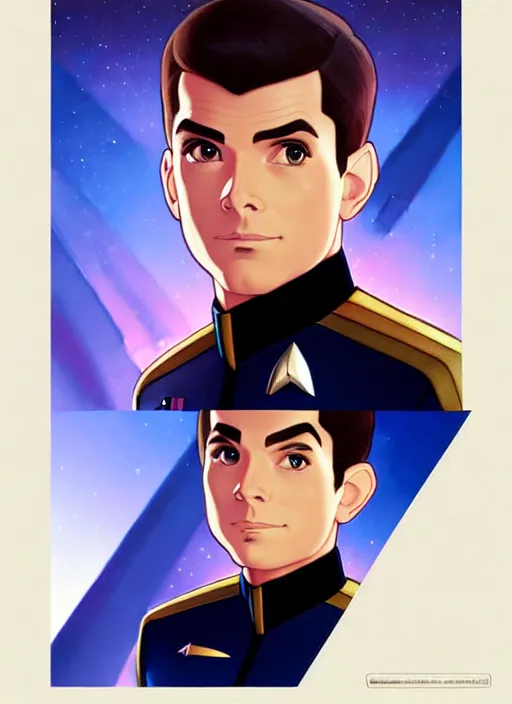 Image similar to cute star trek officer chris mears, natural lighting, path traced, highly detailed, high quality, digital painting, by don bluth and ross tran and studio ghibli and alphonse mucha, artgerm