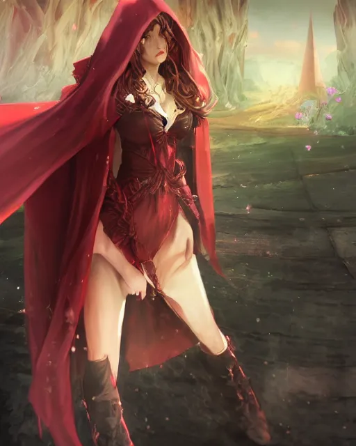 Prompt: a very beautiful anime sorceress, full body, long red hair, cloak with hood, fantasy town setting, cinematic lighting, highly detailed, trending on Artstation, Unreal Engine 4k, cinematic wallpaper by Stanley Artgerm Lau, WLOP, Rossdraws, James Jean, Andrei Riabovitchev, Marc Simonetti, and Sakimichan