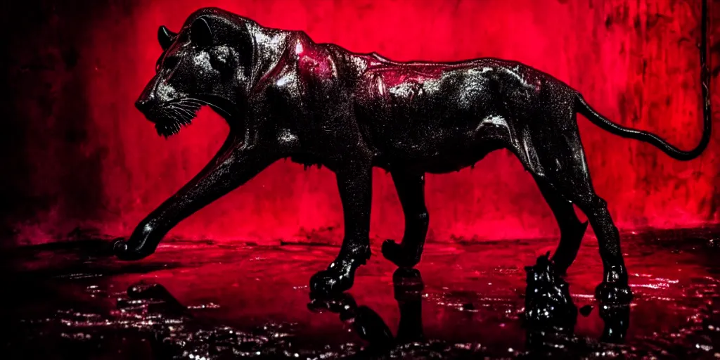 Prompt: the black lioness made of ferrofluid, stalking prey in the jungle at night, viscous, sticky, dripping black goo, dripping goo, sticky black goo. photography, dslr, reflections, black goo, rim lighting, red light, cinematic light, horror, contrast