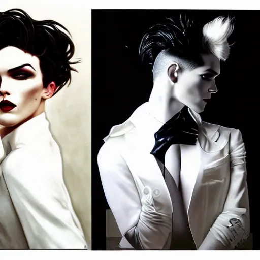 Image similar to stunning portrait of androgynous ruby rose as desire from sandman in a white tuxedo!!!, rockabilly style, by frank moth, by alphonse mucha, by jeremy mann, by peter lindbergh, dave mckean, white suit and black tie, soft lightning, high detailed, 8 k