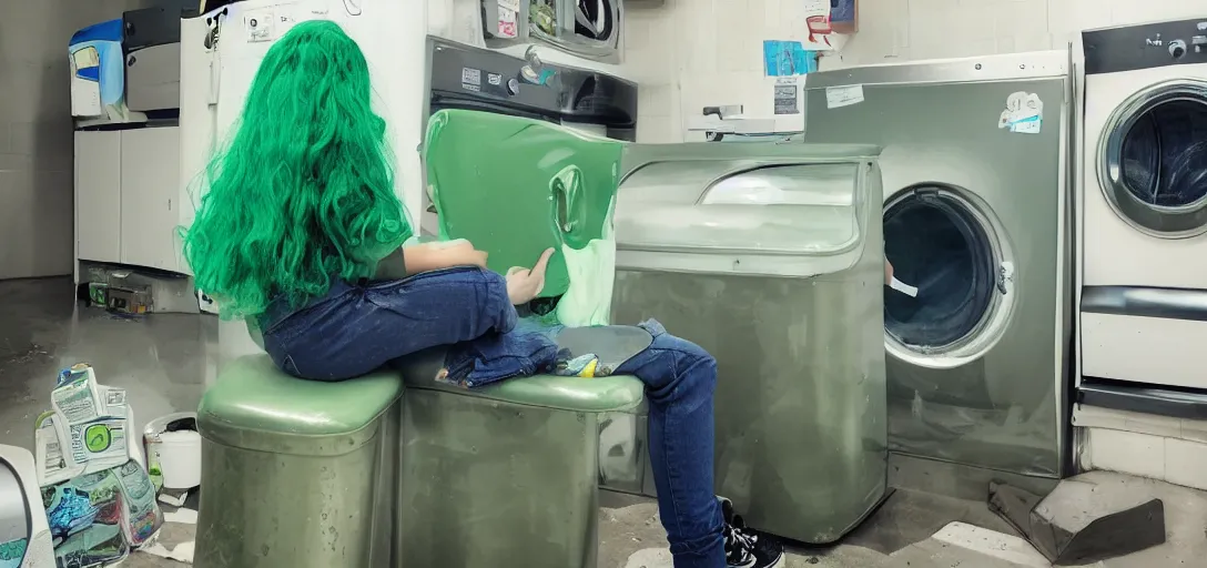 Prompt: a girl with green hair sitting on top of a washing machine inside of a laundromat by Hayao Miyazaki