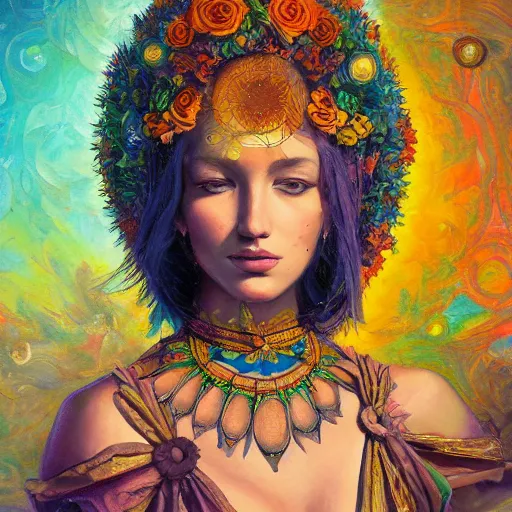 Prompt: a portrait oil painting of a singular beautiful female godess of summer with colorful flowers, holy geometry, tarot card style, by Mohrbacher and Moebius, cinematic lighting, masterpiece, golden ratio background, highly detailed, 8k resolution, trending on art station