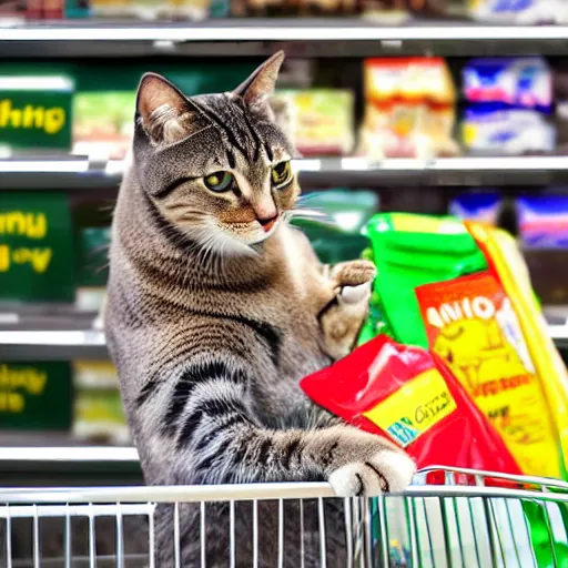 Image similar to a cat shopping for groceries at a supermarket, photorealistic, high detail