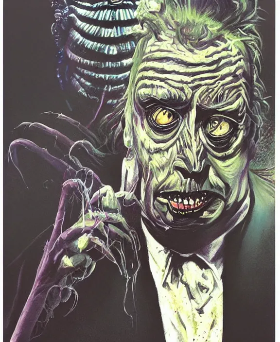 Image similar to a portrait illustration of Beetlejuice, by Les Edwards and francis bacon poster art, detailed