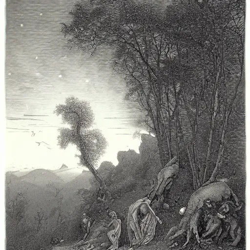 Image similar to the earthly paradise, gustave dore engraving