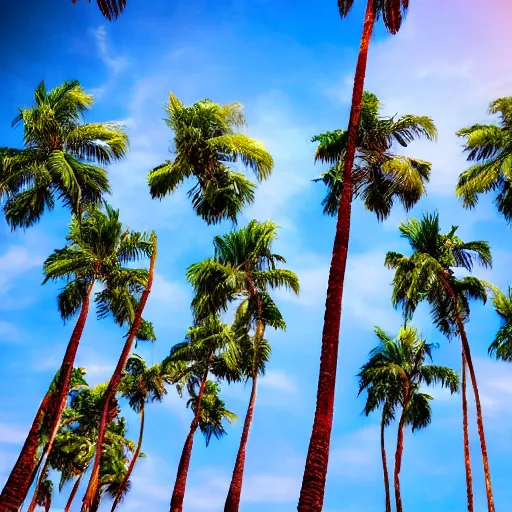 Image similar to surreal palm trees floating floating floating in blue sky, random positions floating, flying