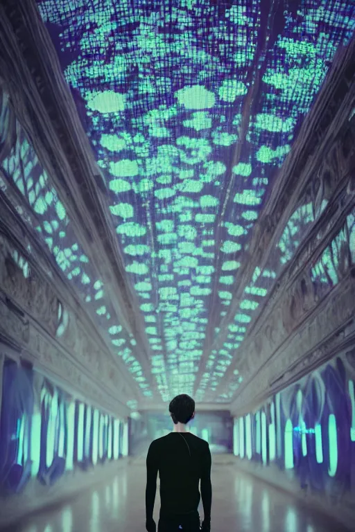 Image similar to agfa vista 4 0 0 photograph of a skinny guy in a hall of mirrors, futuristic, synth vibe, vaporwave colors, lens flare, flower crown, back view, moody lighting, moody vibe, telephoto, 9 0 s vibe, blurry background, grain, tranquil, calm, faded!,