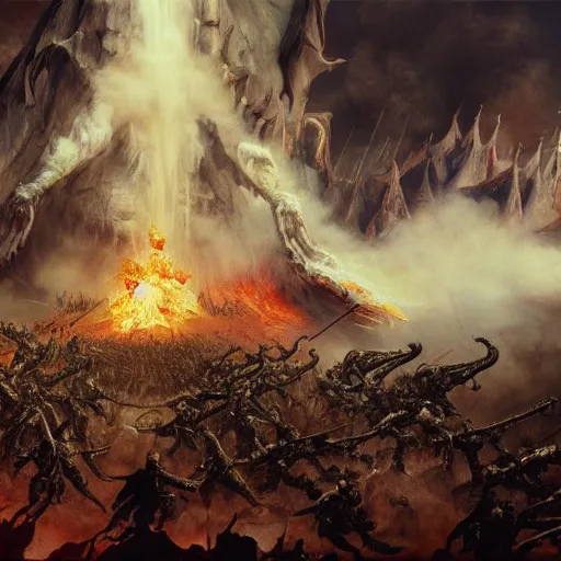 Prompt: an army of demons flying out of a volcano with flag bearers and trumpeters, intricate detail, royo, vallejo, frazetta, giger, whealan, hd, unreal engine,