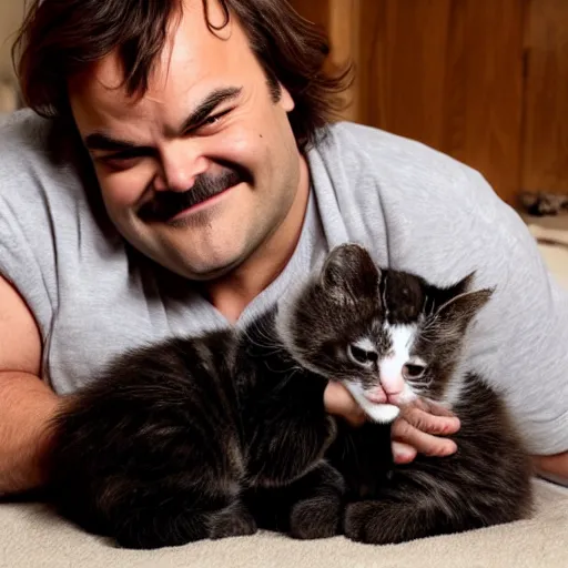 Prompt: jack black cuddling with kittens