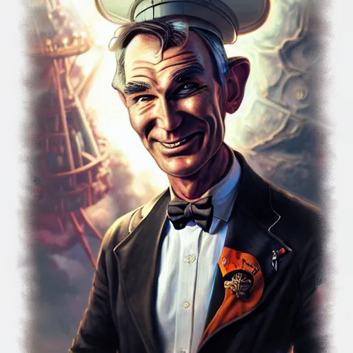 Image similar to an antique lithograph of space pirate bill nye, by stanley artgerm lau, wlop, rossdraws, james jean, andrei riabovitchev, marc simonetti, and sakimichan, tranding on artstation