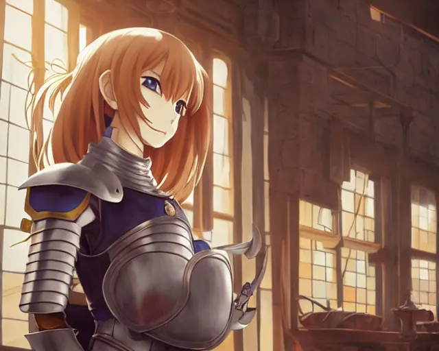 Image similar to anime visual, portrait of a young female knight wearing armor in a alchemist's shop interior, cute face by yoh yoshinari, katsura masakazu, studio lighting, dynamic pose, dynamic perspective, strong silhouette, anime cels, ilya kuvshinov, cel shaded, crisp and sharp, rounded eyes, moody