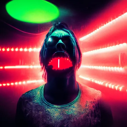 Image similar to a monster, neon lights, red, blue, green, dramatic lighting, heroic exposure, cool