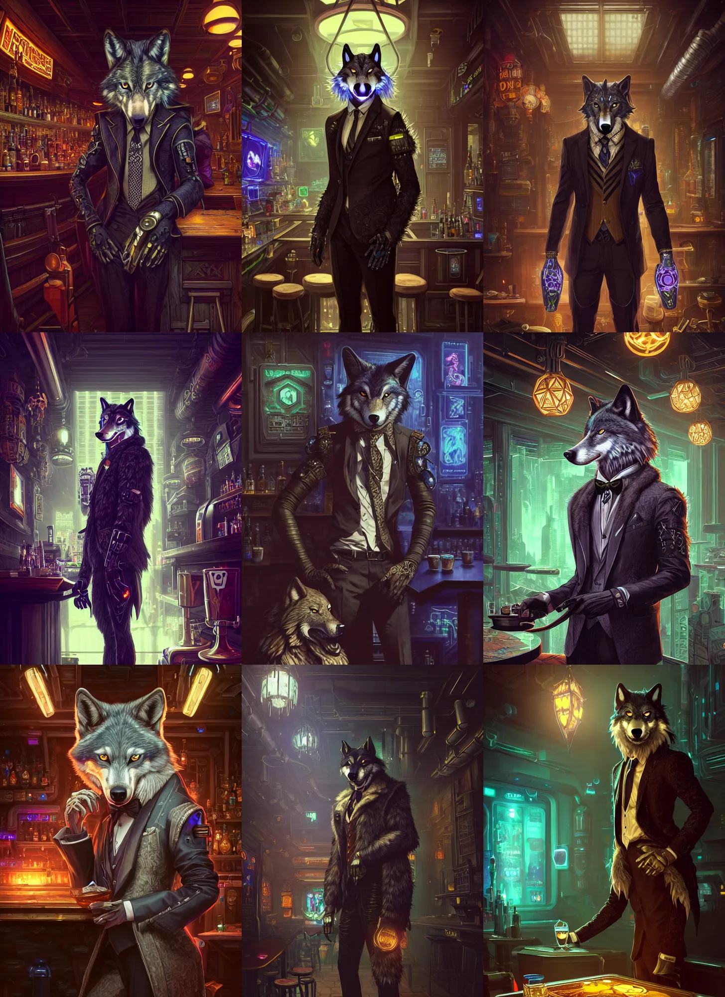 Prompt: photograph of a male anthropomorphic wolf fursona wearing a cyberpunk suit and tie in a cyberpunk bar, deep focus, intricate, elegant, highly detailed, digital painting, artstation, concept art, matte, sharp focus, illustration, d & d, fantasy, hearthstone, art by artgerm and greg rutkowski and alphonse mucha