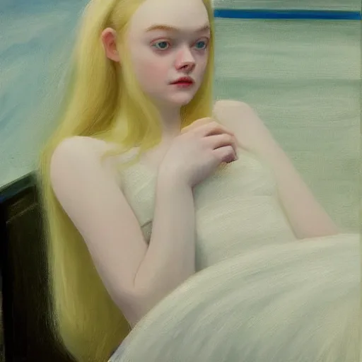 Image similar to Painting of Elle Fanning under gray clouds, long blonde hair, delicate, pale milky white porcelain skin, by Edward Hopper. 8K. Extremely detailed.