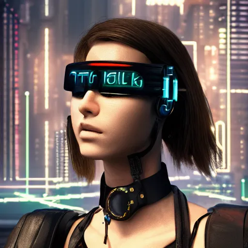 Prompt: realistic cyberpunk female wearing thick leather and steel collar, 4K, neon,