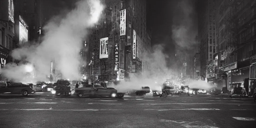 Prompt: a high resolution photo of a new york street at night surrounded with smoke and cars with bright headlights by robert capa, realistic photo, leica, magnum award winning photograph, parallax photography,