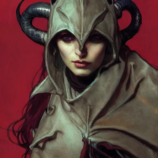 Prompt: masterpiece portrait of a surly and resentful female tiefling thief with small horns clothed in ragged leather armor and a cloak, by Greg Rutkowski and John Collier and Krenz Cushart and Artem Demura and Alphonse Mucha and Albert Aublet, as seen on ArtStation, 4k, dungeons and dragons, very aesthetic, very detailed, intricate, unreal, fantasy, dramatic, painterly, artstation, sharp focus, smooth