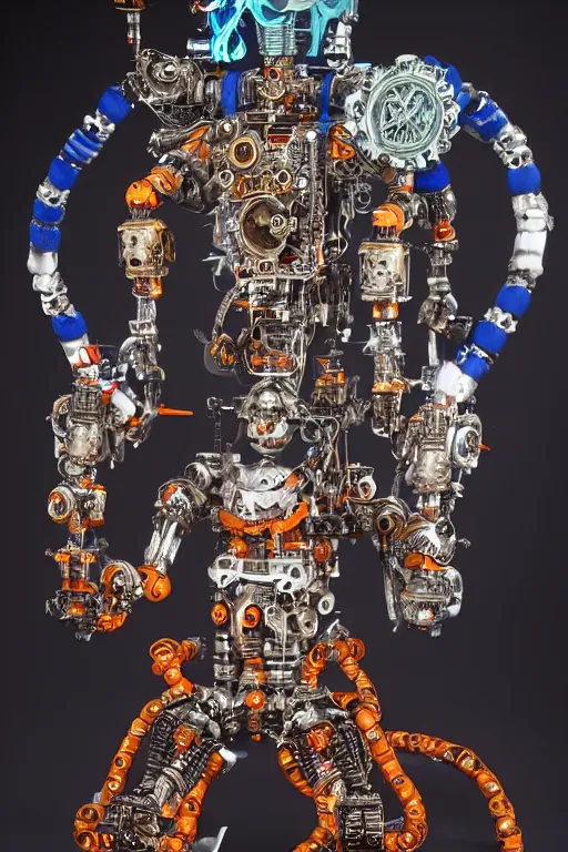 Image similar to full-body rococo and cyberpunk style sculpture of a young handsome Aztec prince half chrome robot with a chest opening exposing circuitry and a sparking motherboard, glowing blue lasert eyes, crown of mechanical gears and roses, flowing orange-colored silk, fabric, steampunk archways. baroque elements, human skull. full-length view. baroque element. intricate artwork by caravaggio. many many birds birds on background. Trending on artstation, octane render, cinematic lighting from the right, hyper realism, octane render, 8k, depth of field, 3D