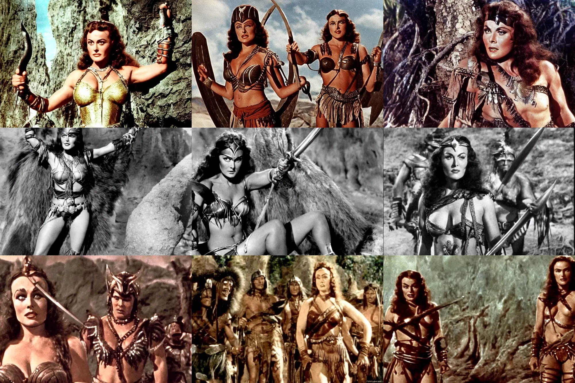 Prompt: Paulette Goddard as an Amazonian in Conan The Barbarian 1940 , film still, Technicolor