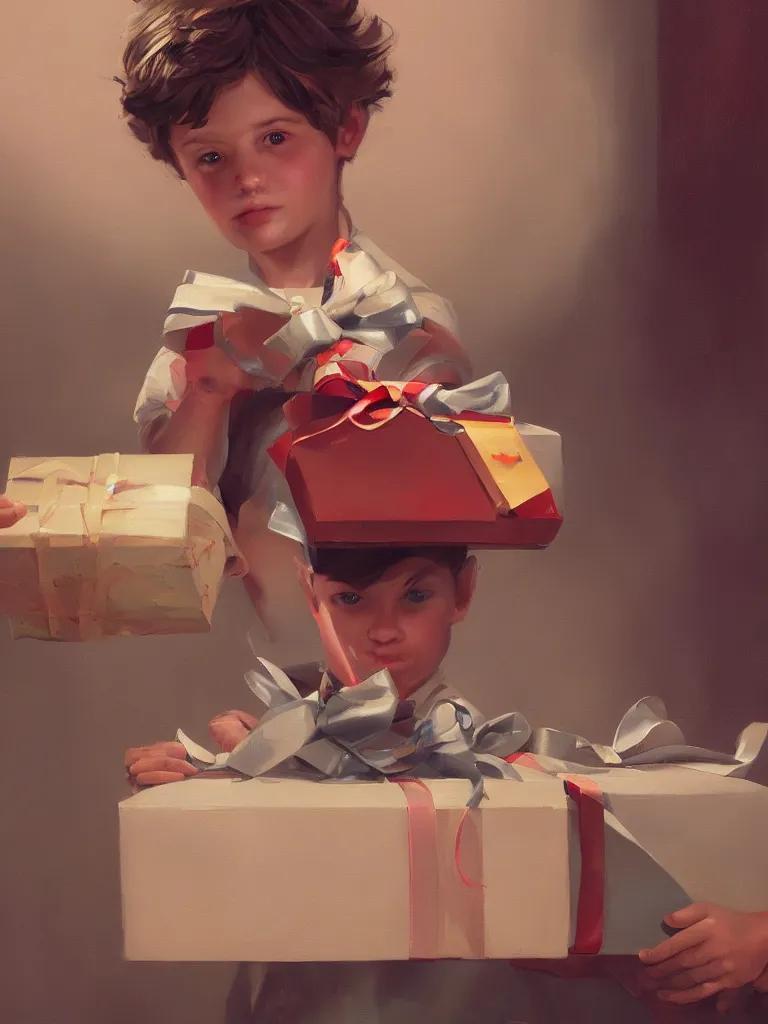 Image similar to a cute boy with a giftbox with bow and ribbon in a painting from stalenhag, 4 k, 8 k, hdr, artstation, concept art