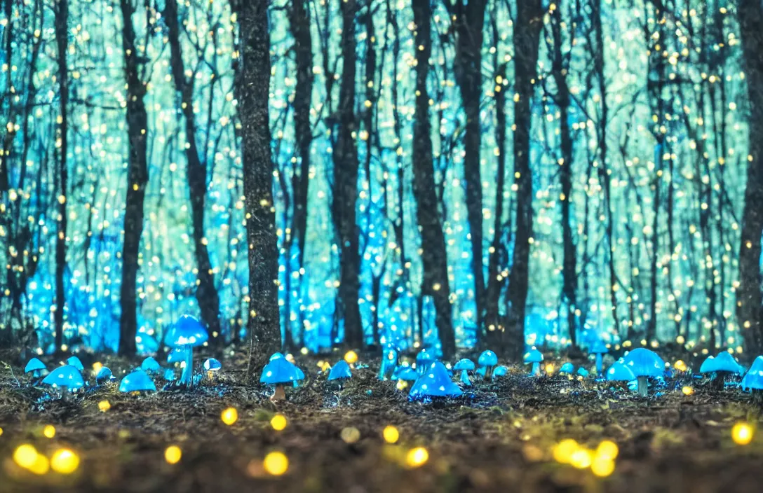 Image similar to blue forest, glowing mushrooms, sigma lens, strong bokeh, photography, highly detailed, 8 5 mm, f / 1. 3, night time, surreal