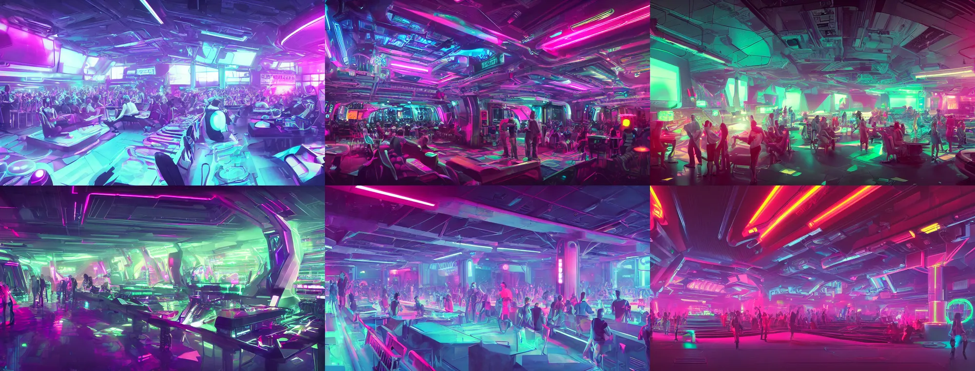 Prompt: cyberpank interior of music club, neon light, big speakers, people in futuristic wear, drone, digital art, fantasy, trending on artstation, professional illustration, cgsociety, ultra detailed, volumetric lighting, celshaded, colorful, panoramic