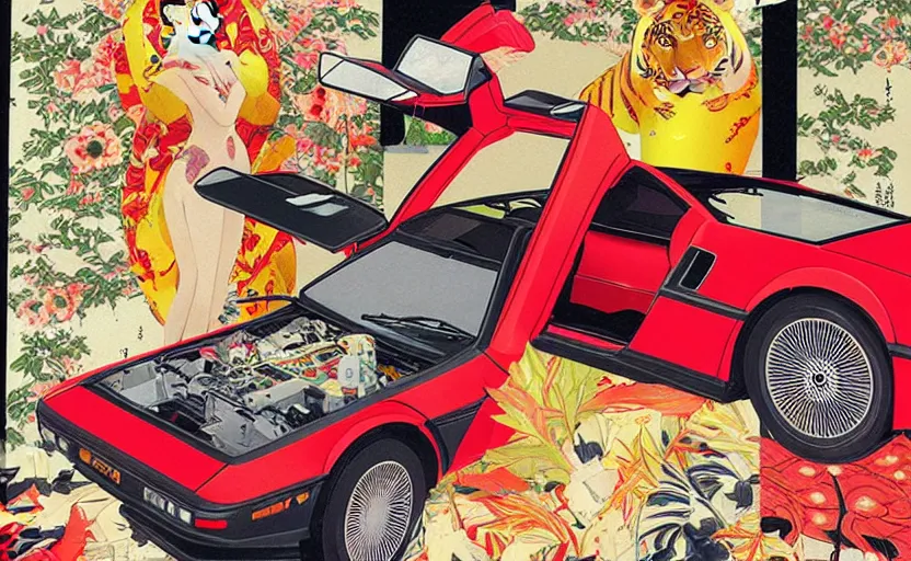 Image similar to a red delorean for a yellow tiger, art by hsiao - ron cheng and utagawa kunisada in a magazine collage, # de 9 5 f 0