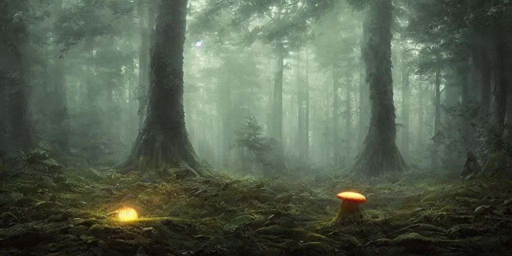 Image similar to an immense and powerful mushroom grows in a forest, it glows with an eery light, dark fantasy, Greg Rutkowski and Studio Ghibli and Ivan Shishkin