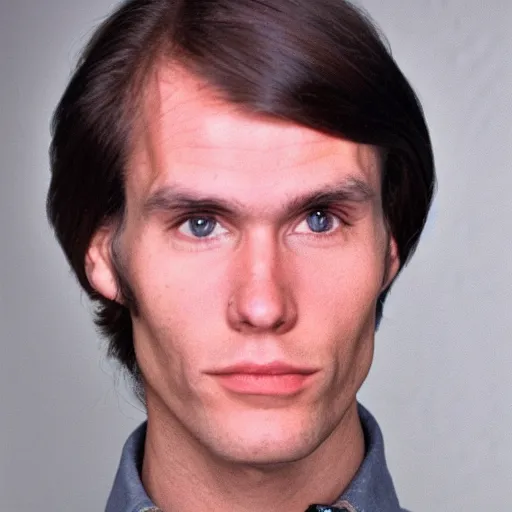 Image similar to A photograph portrait of Jerma985 with medium length wavy hair, a combover and wearing late 1970s popped collared menswear in the late 1970s, taken in the late 1970s, grainy, taken on a 1970s Polaroid Camera, realistic, hyperrealistic, very realistic, highly detailed, very detailed, extremely detailed, detailed, digital art, trending on artstation, front facing, front view, headshot and bodyshot, detailed face, very detailed face