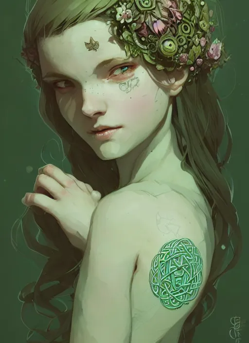 Image similar to portrait of cute fairy girl with crown of flowers covered with celtic rune tattoos, fantasy, by atey ghailan, by greg rutkowski, by greg tocchini, by james gilleard, by joe gb fenton, by kaethe butcher, dynamic lighting, gradient light green, brown, blonde cream and white color in scheme, grunge aesthetic