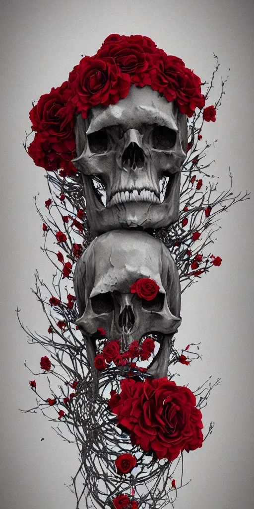 Image similar to skull made of red roses, organic horror, devil, death, giger, epic, baroque, art nouveau, james jean, photorealistic render, 3 ds max + v - ray, extremely detailed and intricate, center composition, elegant, vfx, unreal engine 5, octane render, extremely contrast, extremely sharp lines