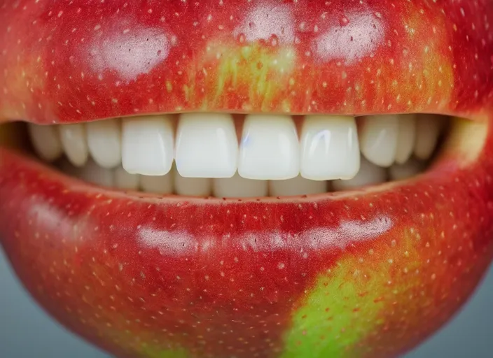 Image similar to photo still of an apple with human teeth, 8 k, studio lighting bright ambient lighting key light, 8 5 mm f 1. 8